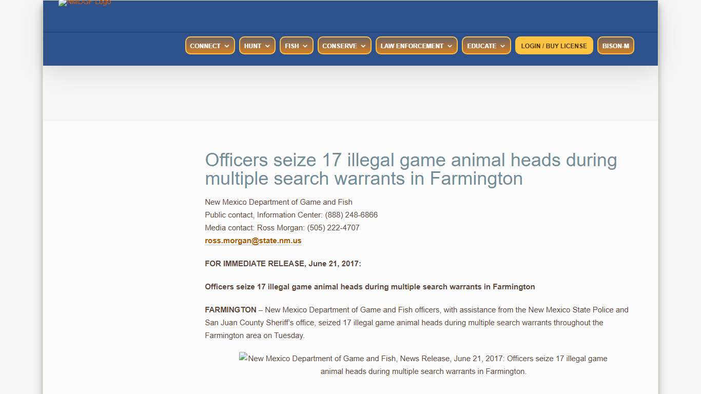 Officers seize 17 illegal game animal heads during multiple search warrants in Farmington - NMDGF